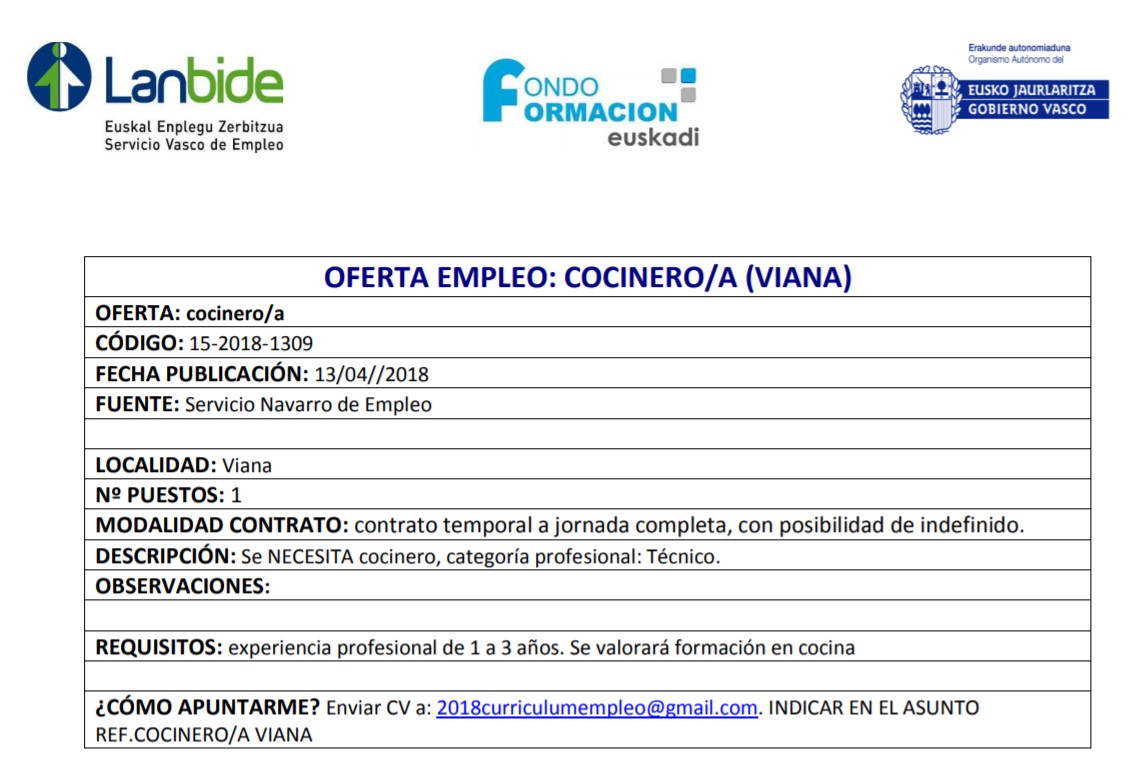 OFERTA DE EMPLEO COCINERO/COCINERA VIANA