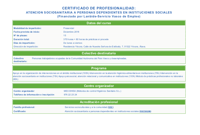 CARTEL CERTIFICADO DE PROFESIONALIDAD ATENCION SOCIOSANITARIA INSTITUCIONES SOCIALES-2018